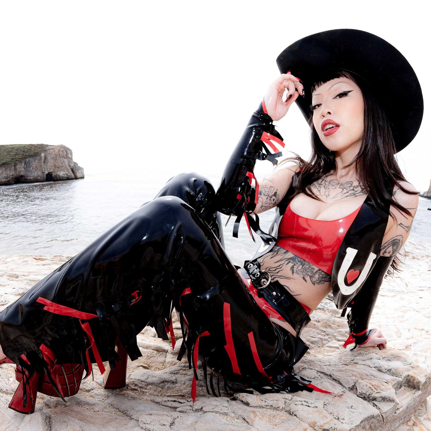 Latex Horseshoe & Heart Applique Vest, Crop Top, Thong, Fringe Gloves and Flared Chaps Set