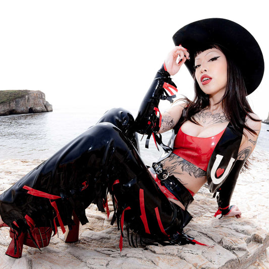 Latex Horseshoe & Heart Applique Vest, Crop Top, Thong, Fringe Gloves and Flared Chaps Set
