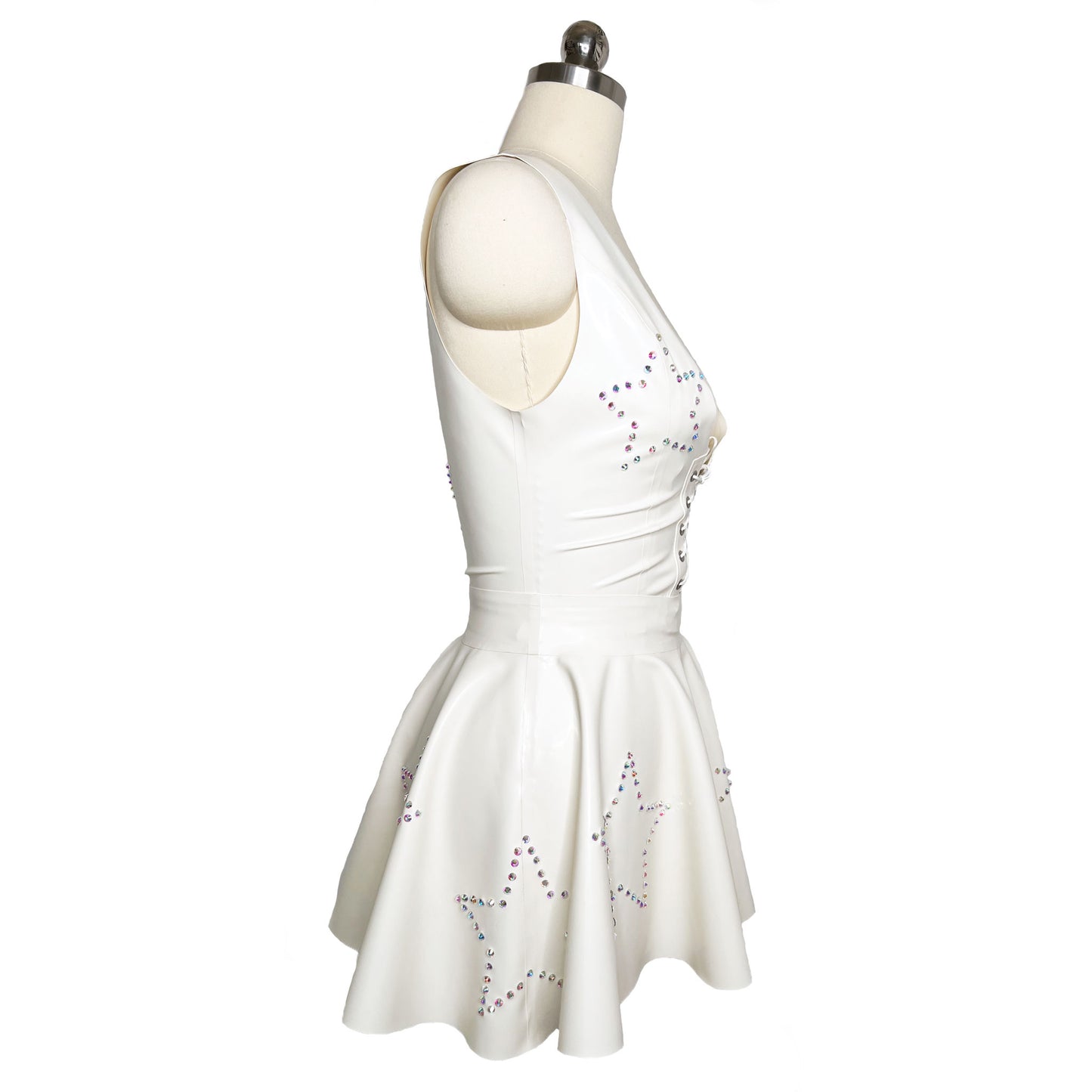 White Latex Rhinestone Star Vest and Circle Skirt Set