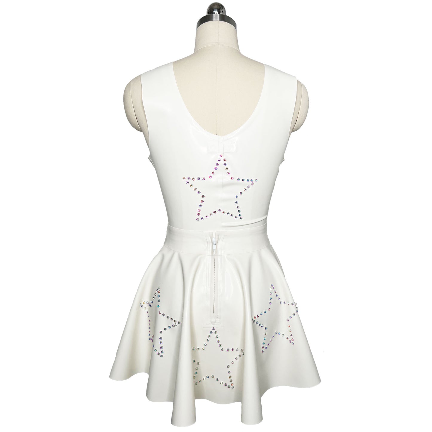 White Latex Rhinestone Star Vest and Circle Skirt Set